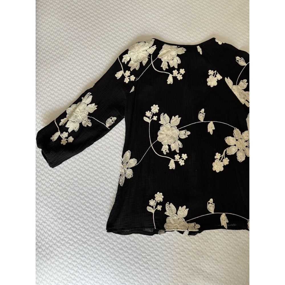 LAUREN MICHELLE Women's S Cotton Floral Embroidered Blouse Black Beige - Picture 8 of 8